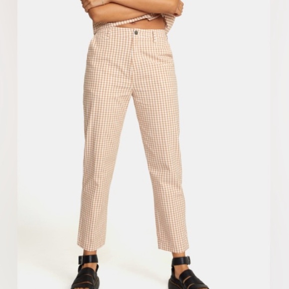 RVCA New Gingham Set Shirt & Pants Mustard/Tan color NWT Size 30 Pants Top Large - Picture 2 of 10
